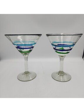 Hand Blown Mexican Glass Set Of 2 Blue & Green Swirl Martini/Cocktail Glasses 6”